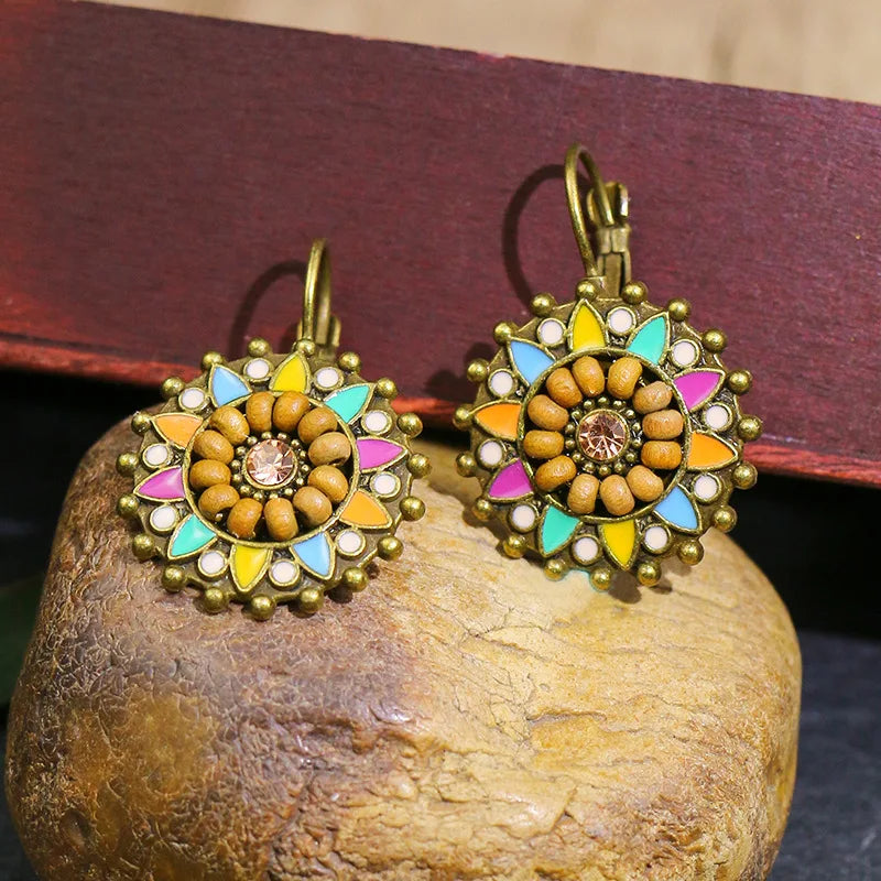 Boho Vintage Flower & Wood Beaded Drop Earrings