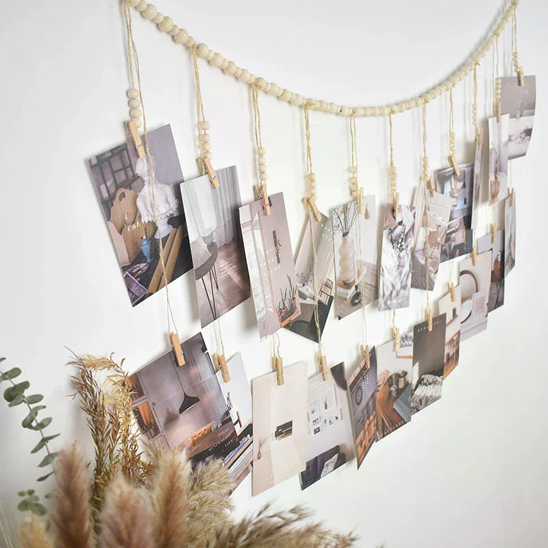 Boho Macrame Photo Display Wall Hanging – Wooden Bead Tapestry