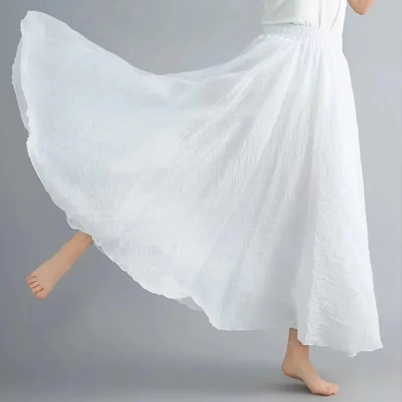 Boho Cotton Linen Maxi Skirt | Elastic Waist Pleated Floor-Length Skirt