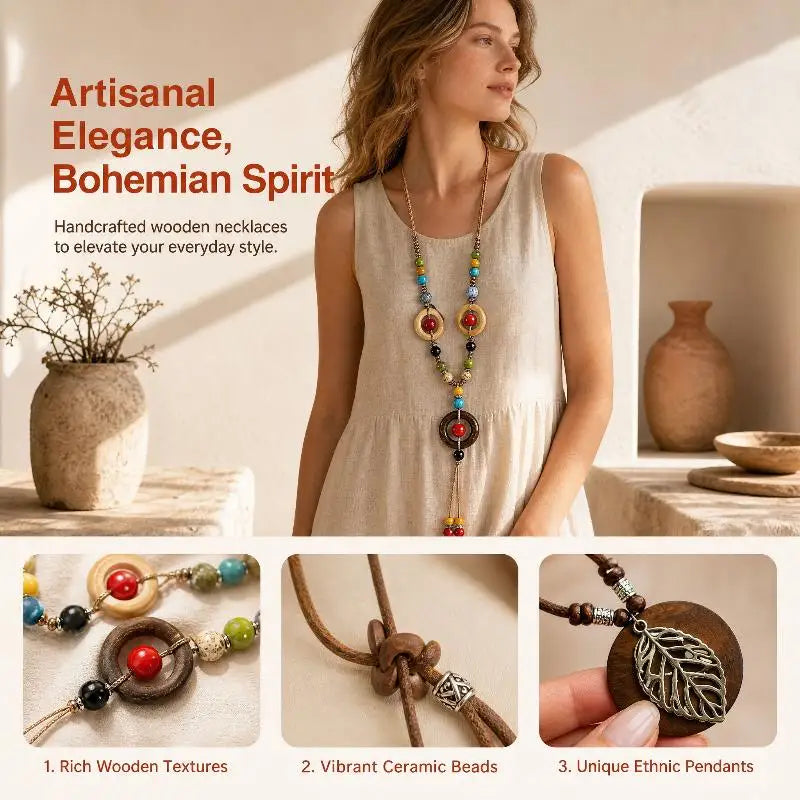 Boho Wooden Beaded Long Pendant Sweater Chain Necklace – Handmade Ethnic Style