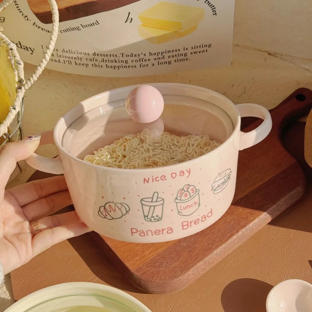 Kawaii Ceramic Ramen Bowl Set | Japanese-Style Bowl with Spoon & Chopsticks