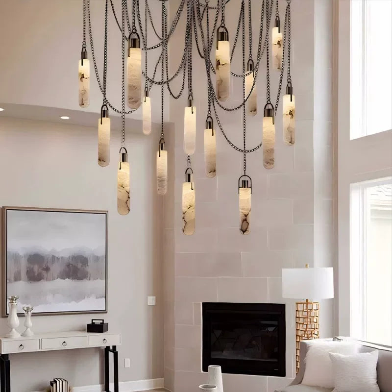 Modern Marble Pendant Light Luxury Solid Brass Multi-Light Ceiling Lamp for Living Room Dining Room Loft Staircase Home Decor