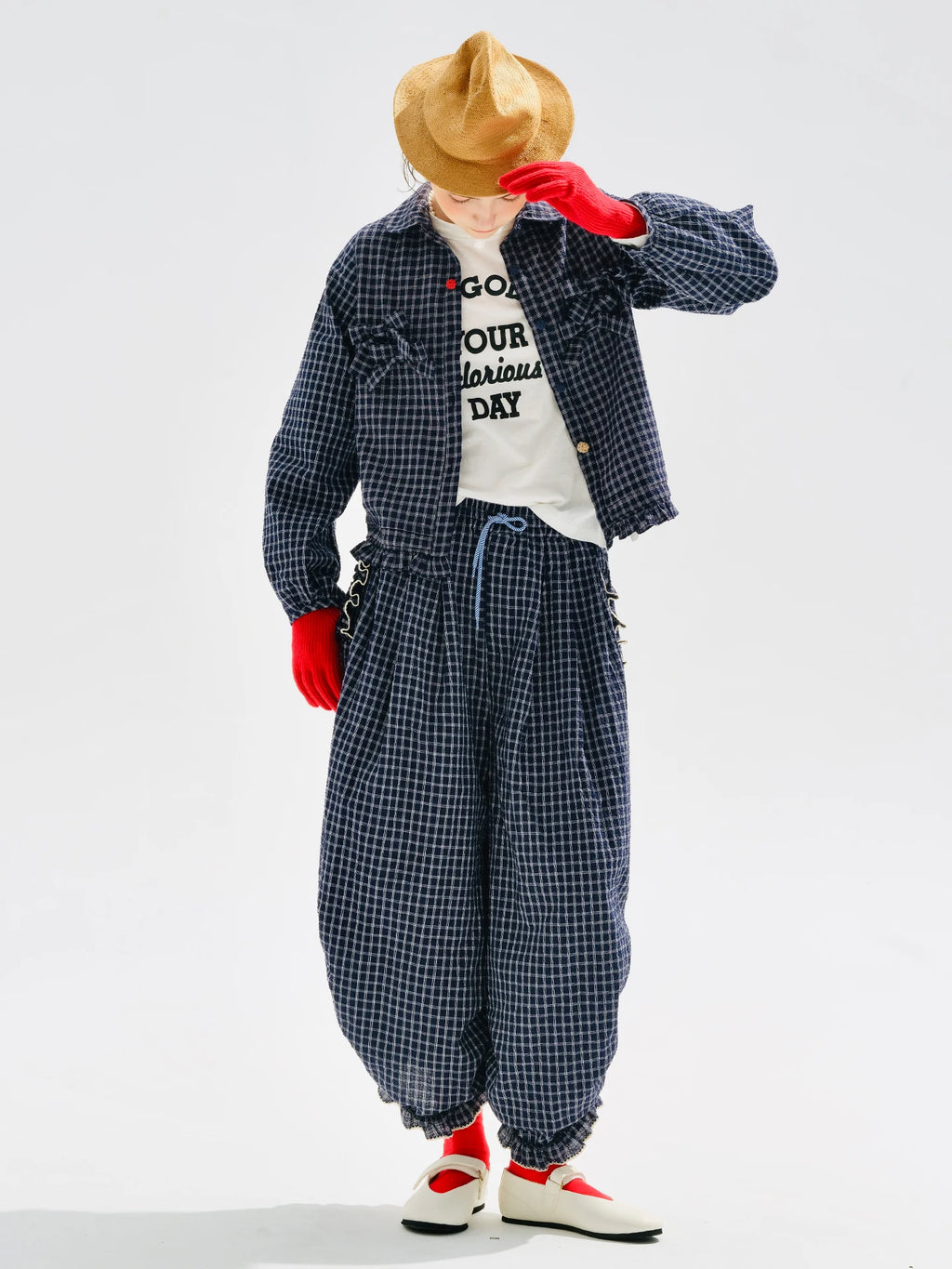 Women's Blue Plaid Wide Leg Pants – Casual Elastic Waist Trousers