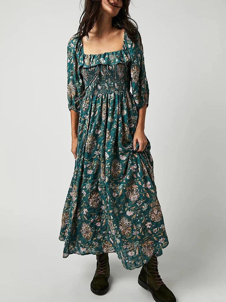 Backless Boho Maxi Dress | Puff Sleeve Empire Waist A-Line
