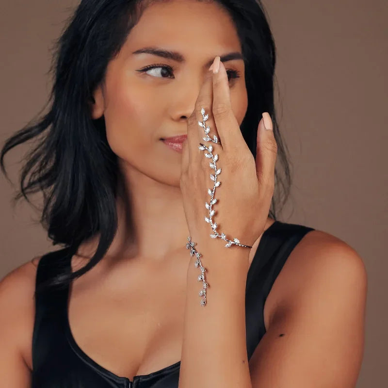 Boho Leaf Cubic Zirconia Hand Palm Bracelet – Bridal Wedding Bangle
