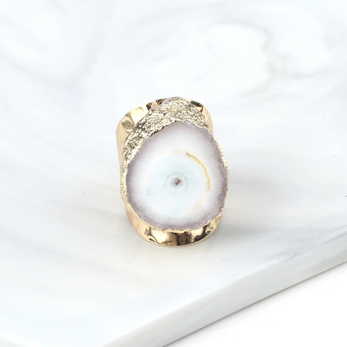 Boho Natural Agate Stone Sunflower Wide Open Ring – Gold Plated Adjustable in 6 Colors