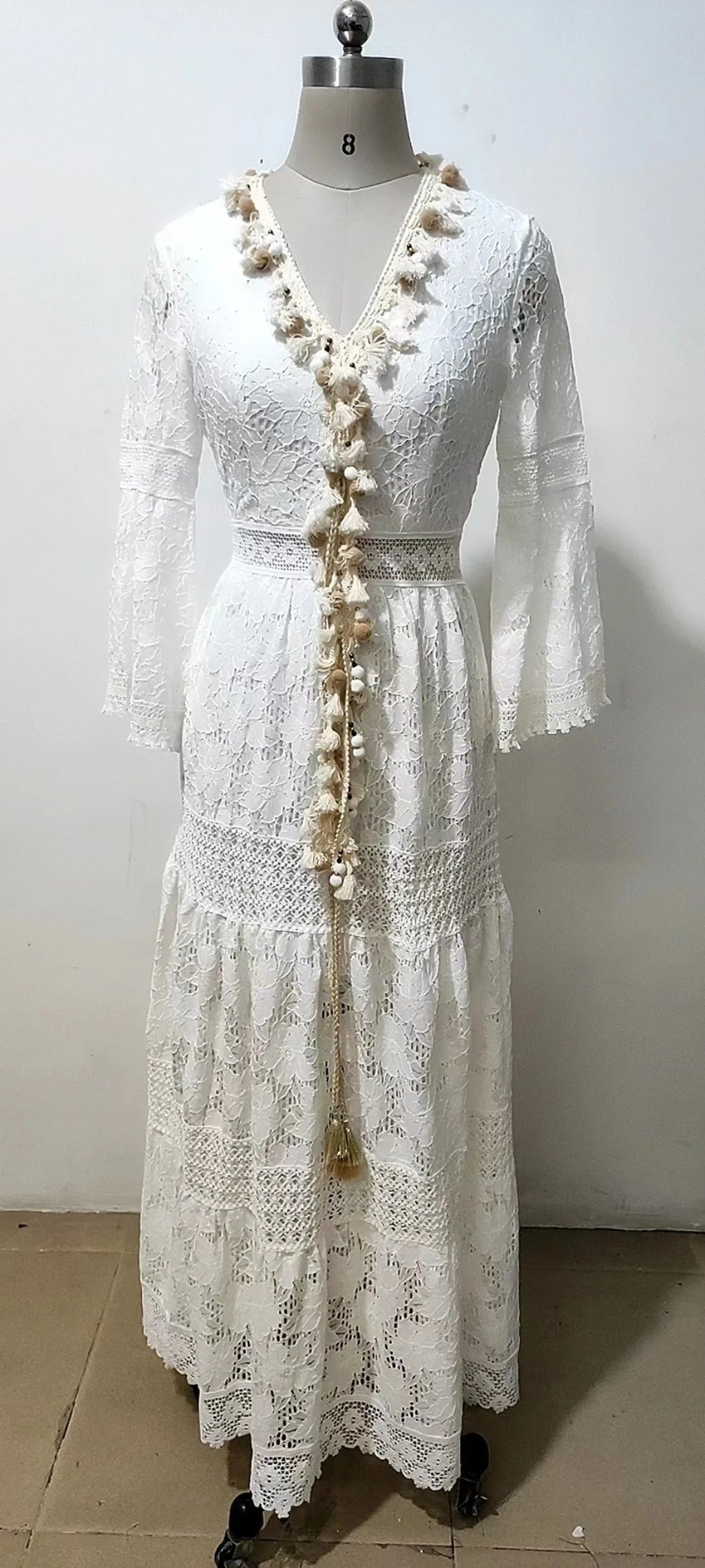 Lace Hollow-Out Boho Maxi Dress | Flare Sleeve Tassel Trim