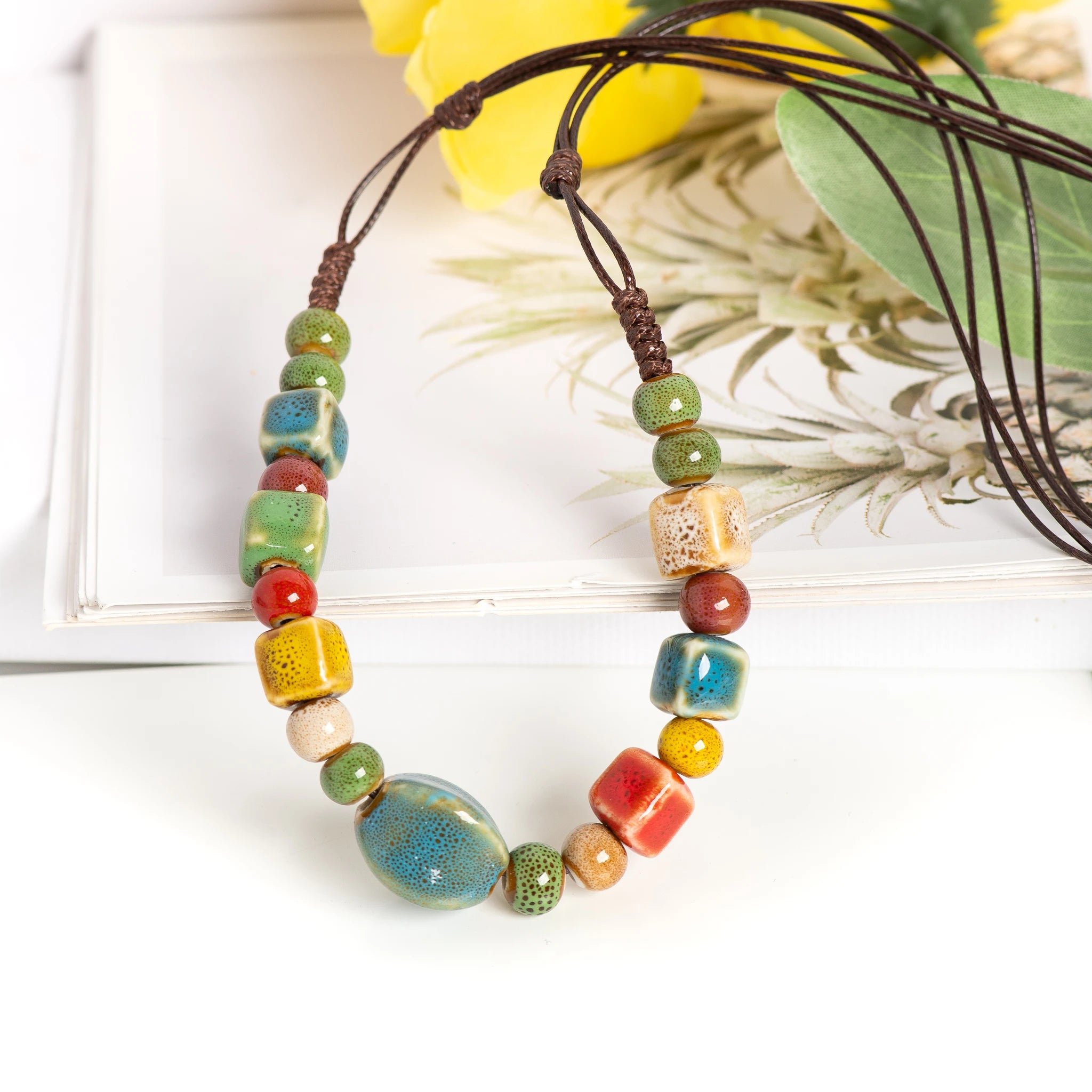 Boho Ceramic Beaded Long Pendant Necklace – Adjustable Handmade Ethnic Jewelry