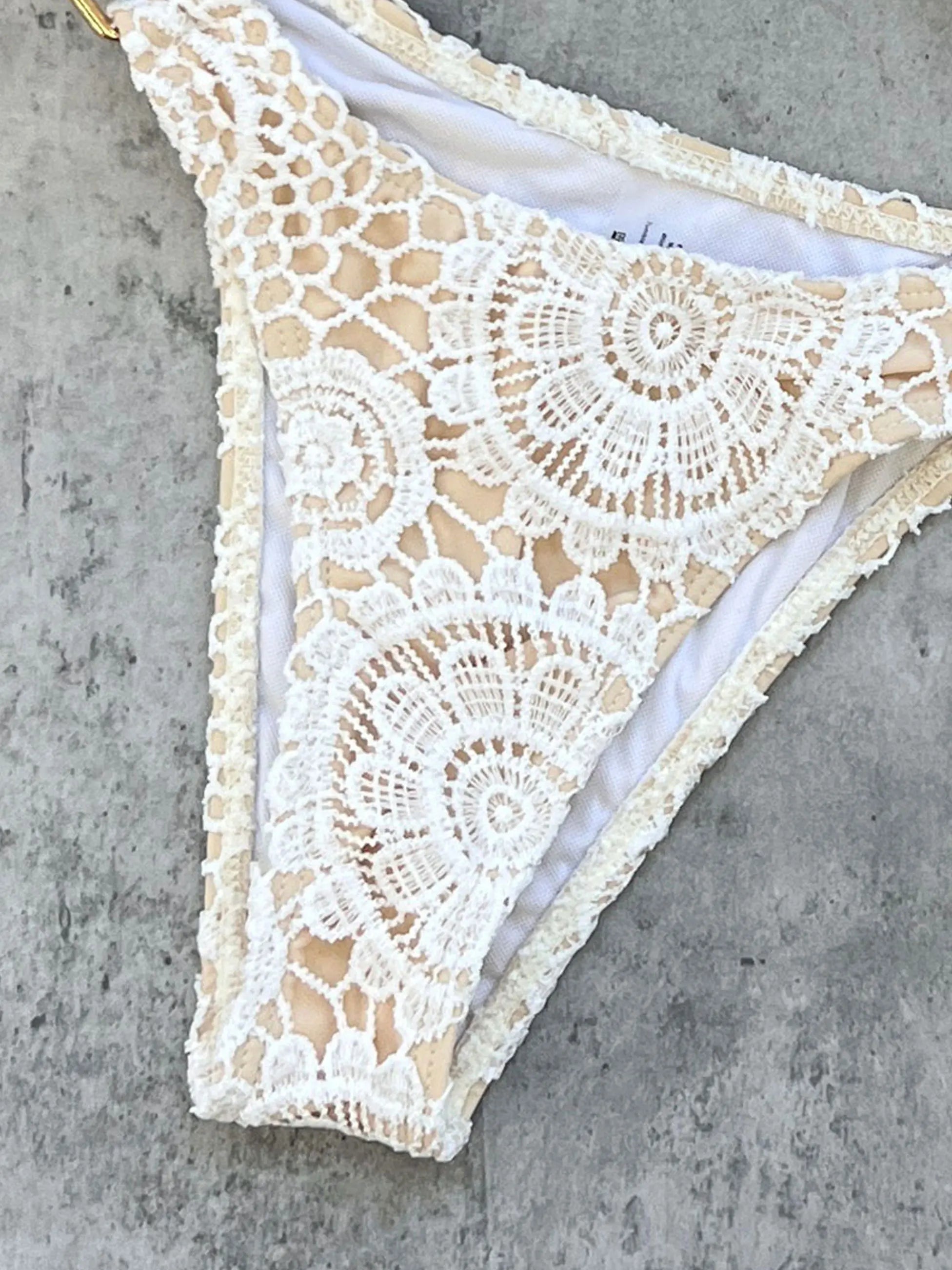 Boho Crochet Bikini Set | Cream Knit with Leather Straps & Metal Buckles