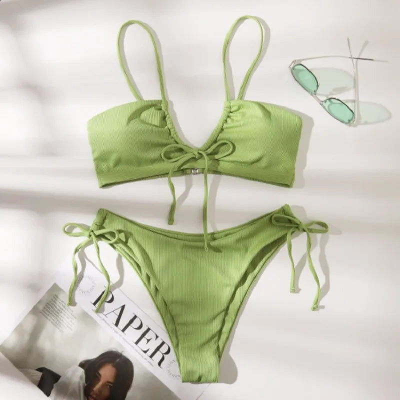 Green & Black Ribbed Bikini Set – Two-Piece Tie Thong Swimsuit
