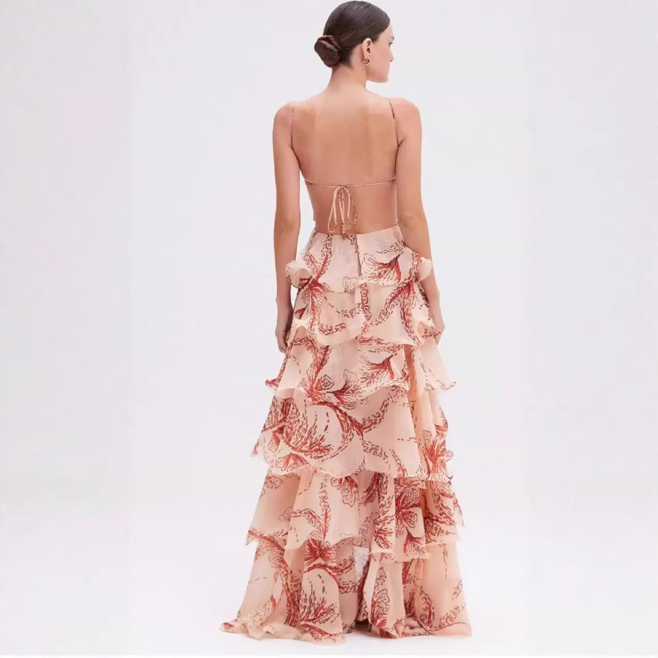 Floral Ruffle Maxi Dress | Strapless Layered Butterfly Boho