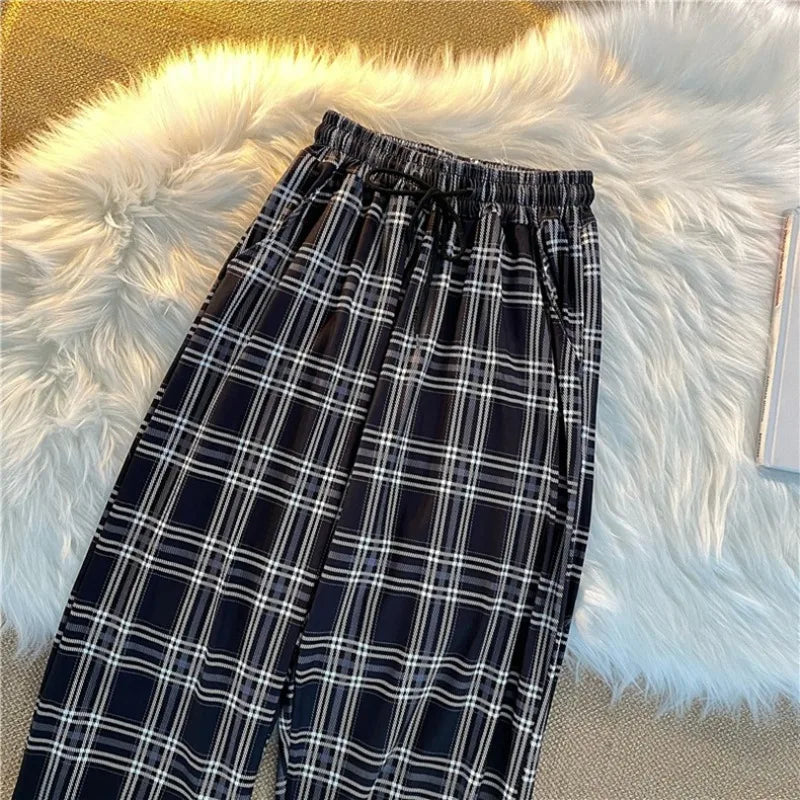 Pants Women New Bunch of Feet Fashion Loose Black Plaid Summer Harajuku Students Streetwear Harem Long Trousers Womens Chic