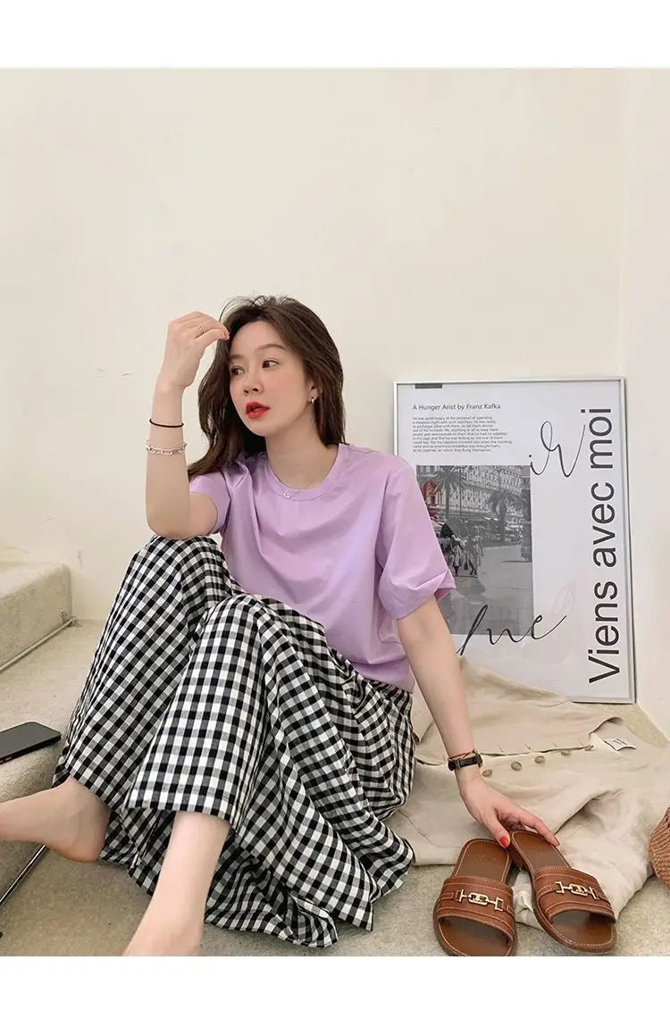 Plaid Wide Leg Pants Women Baggy Korean Style Panelled Temper Trousers Streetwear Pantalones Clothes Summer A-line Teens College