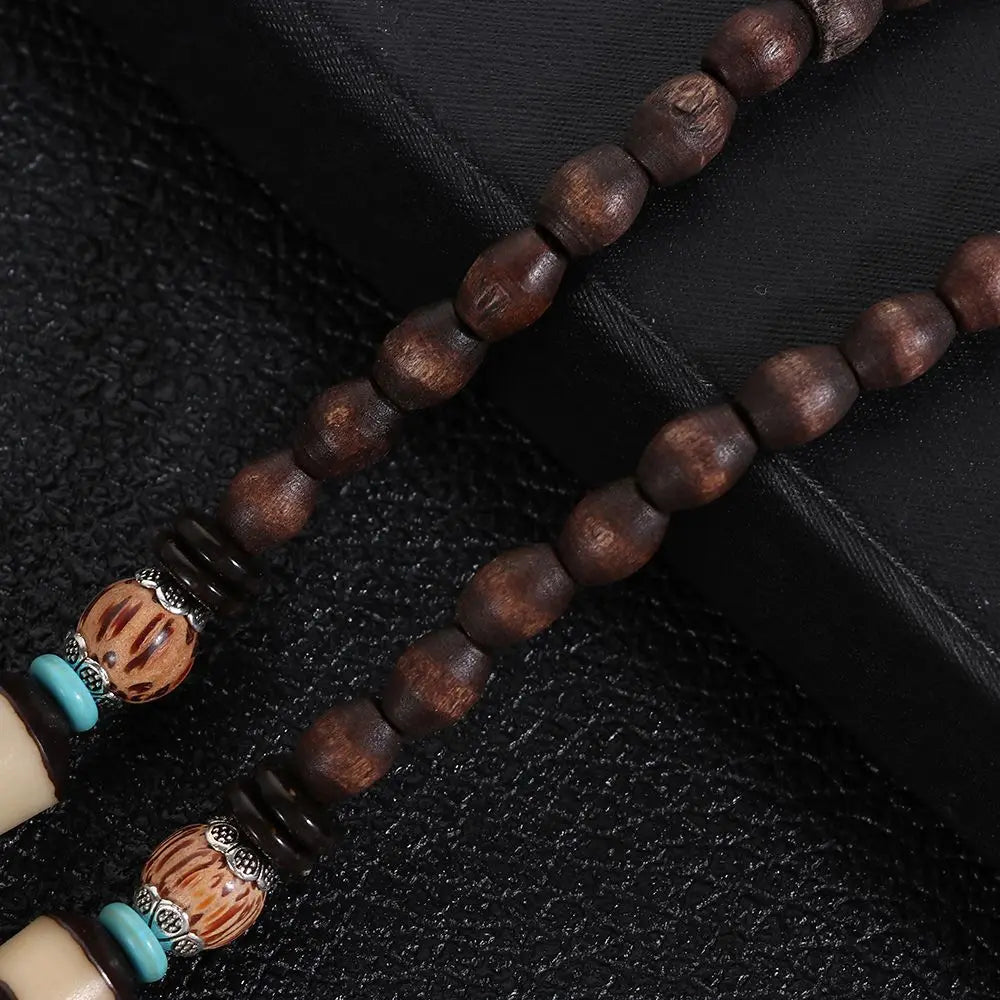Boho Handmade Nepal Buddhist Mala Wood Bead Long Pendant Necklace – Unisex Ethnic Jewelry
