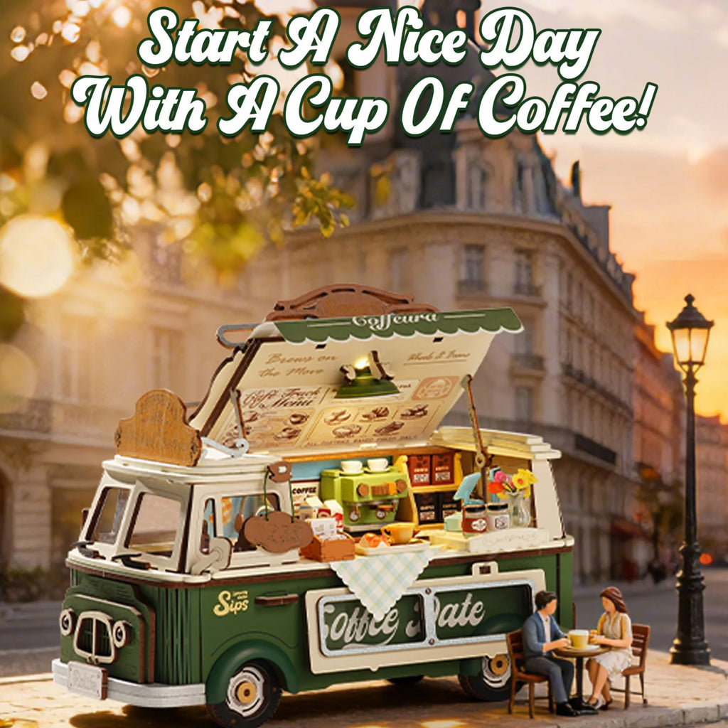 Rolife Wooden 3D Puzzle Leo's Coffee Truck Model Building Kit DIY Minature Dollhouse Toys for Home Decor Gift for Adults Kids