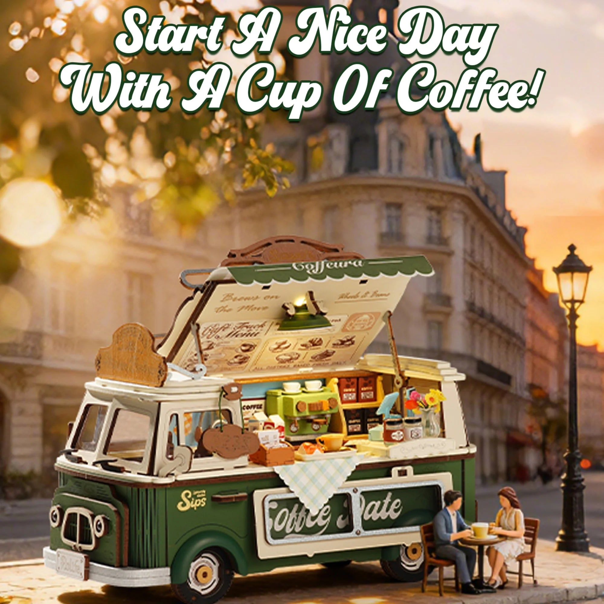 Rolife Wooden 3D Puzzle Leo's Coffee Truck Model Building Kit DIY Minature Dollhouse Toys for Home Decor Gift for Adults Kids