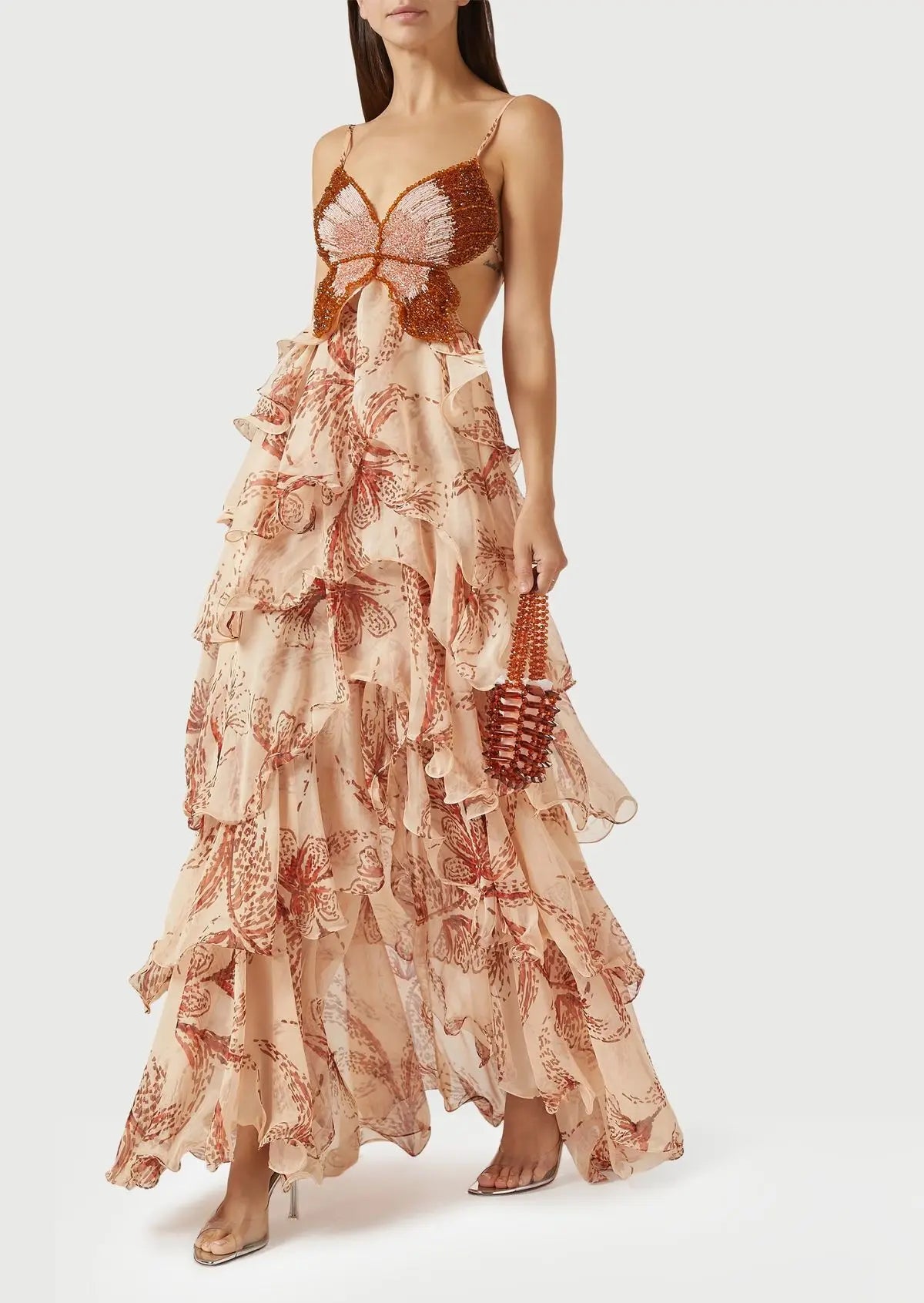 Floral Ruffle Maxi Dress | Strapless Layered Butterfly Boho