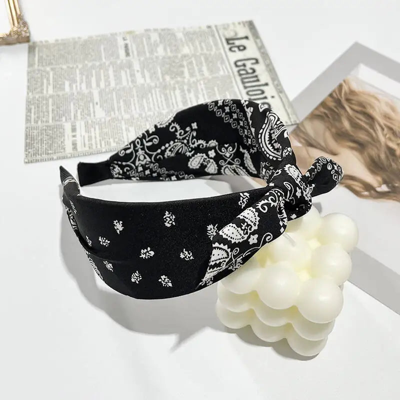 Boho Bow Print Wide Headband – Vintage Silk Cross-Knot Hair Hoop