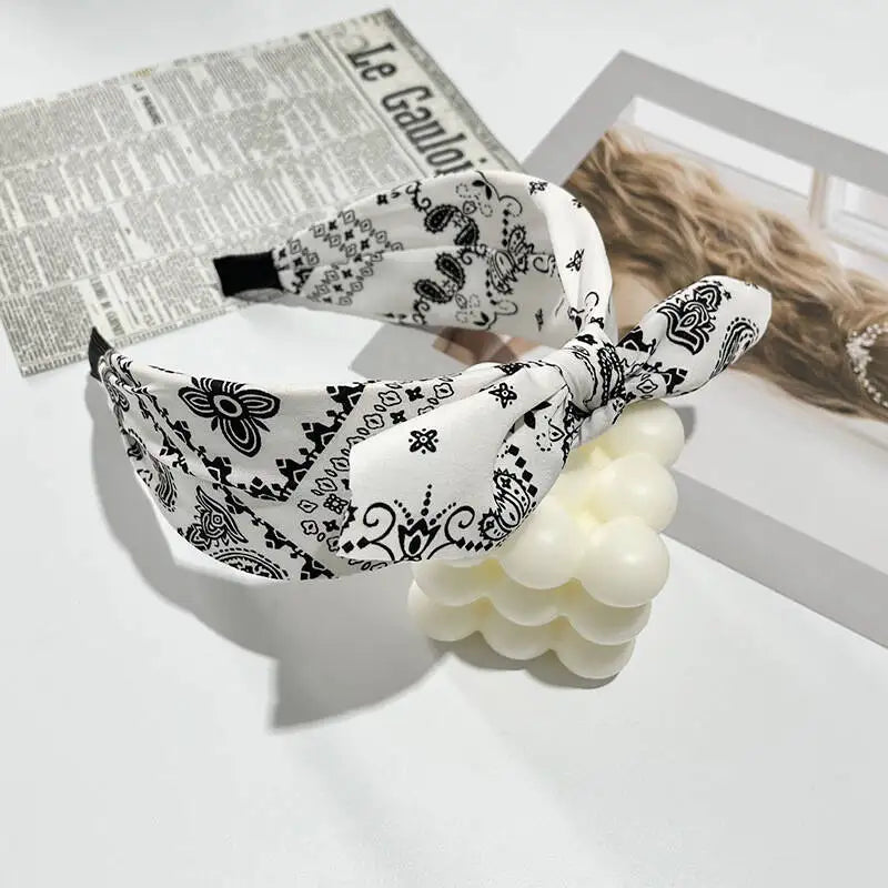 Boho Bow Print Wide Headband – Vintage Silk Cross-Knot Hair Hoop
