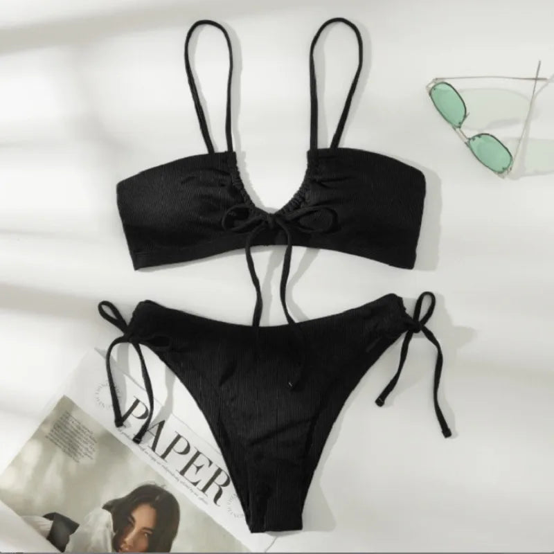 Green & Black Ribbed Bikini Set – Two-Piece Tie Thong Swimsuit