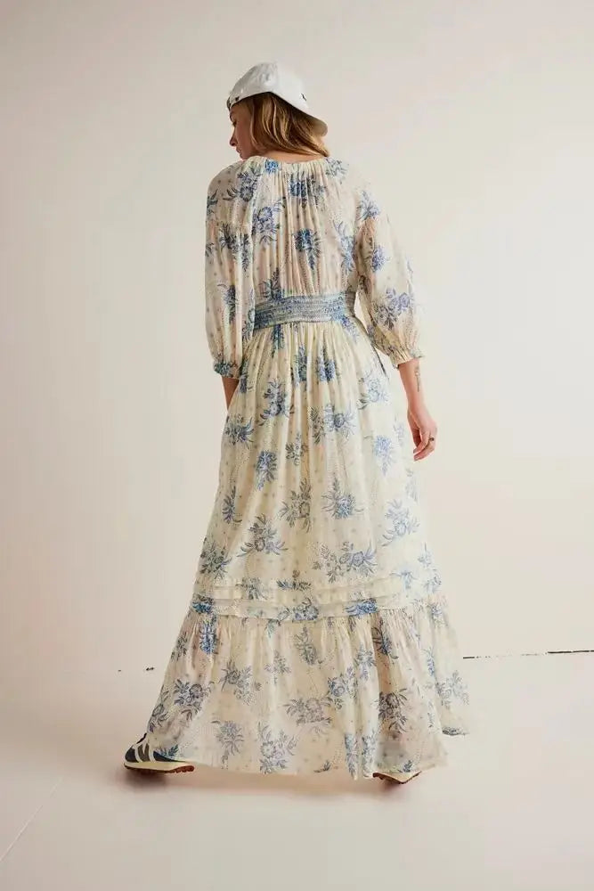 Floral Boho Midi Dress | V-Neck Puff Sleeve Hollow-Out