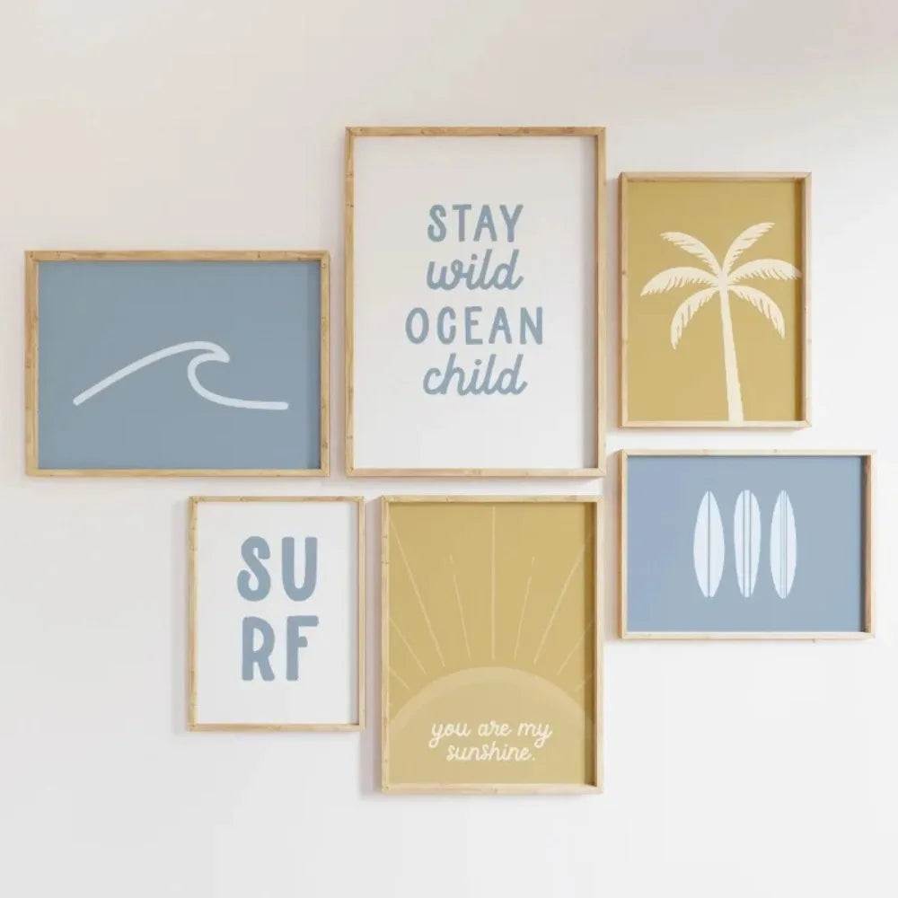 Boho Beach Surfer Canvas Wall Art | Sunset & Sea Wave Poster Print