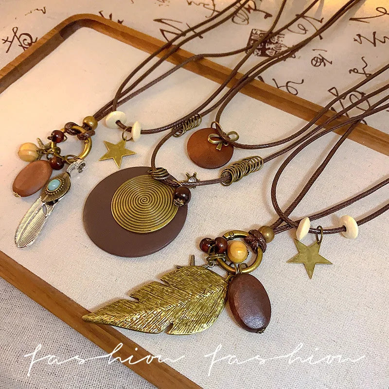 Vintage Boho Handmade Leaf Pendant Layered Long Necklace – Antique Collar Chain