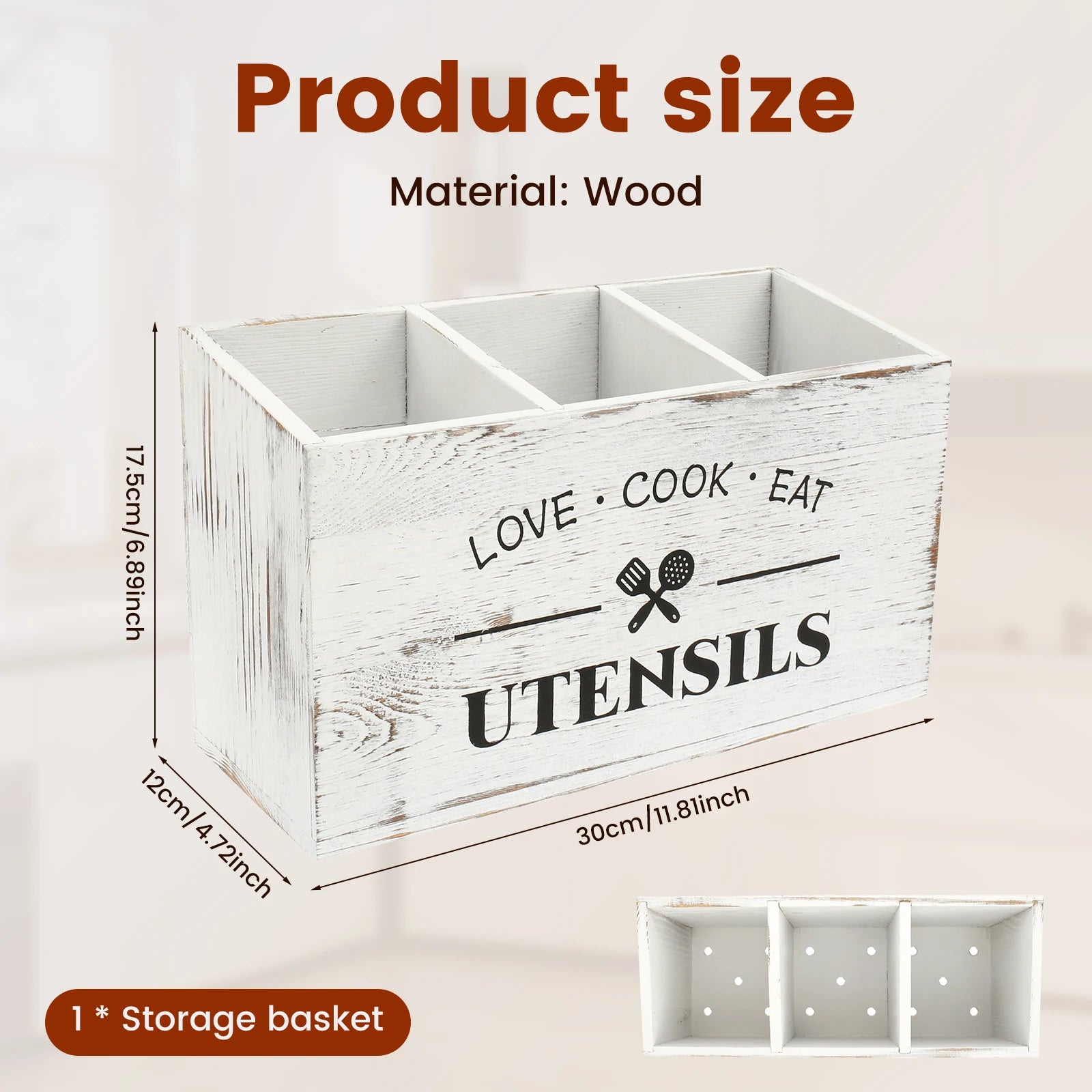 Wood Kitchen Utensil Holder | 3-Compartment Farmhouse Caddy Organizer