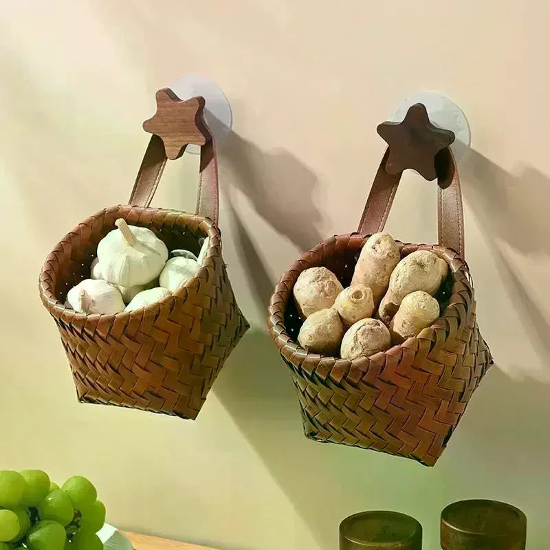 Wall Hanging Basket Boho Style Hand-Woven Hanging Storage Baskets Kitchen Ginger Garlic Scallion Egg Fruit Storage Box