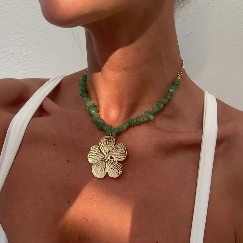 Boho Irregular Natural Stone & Metal Flower Clavicle Chain Necklace