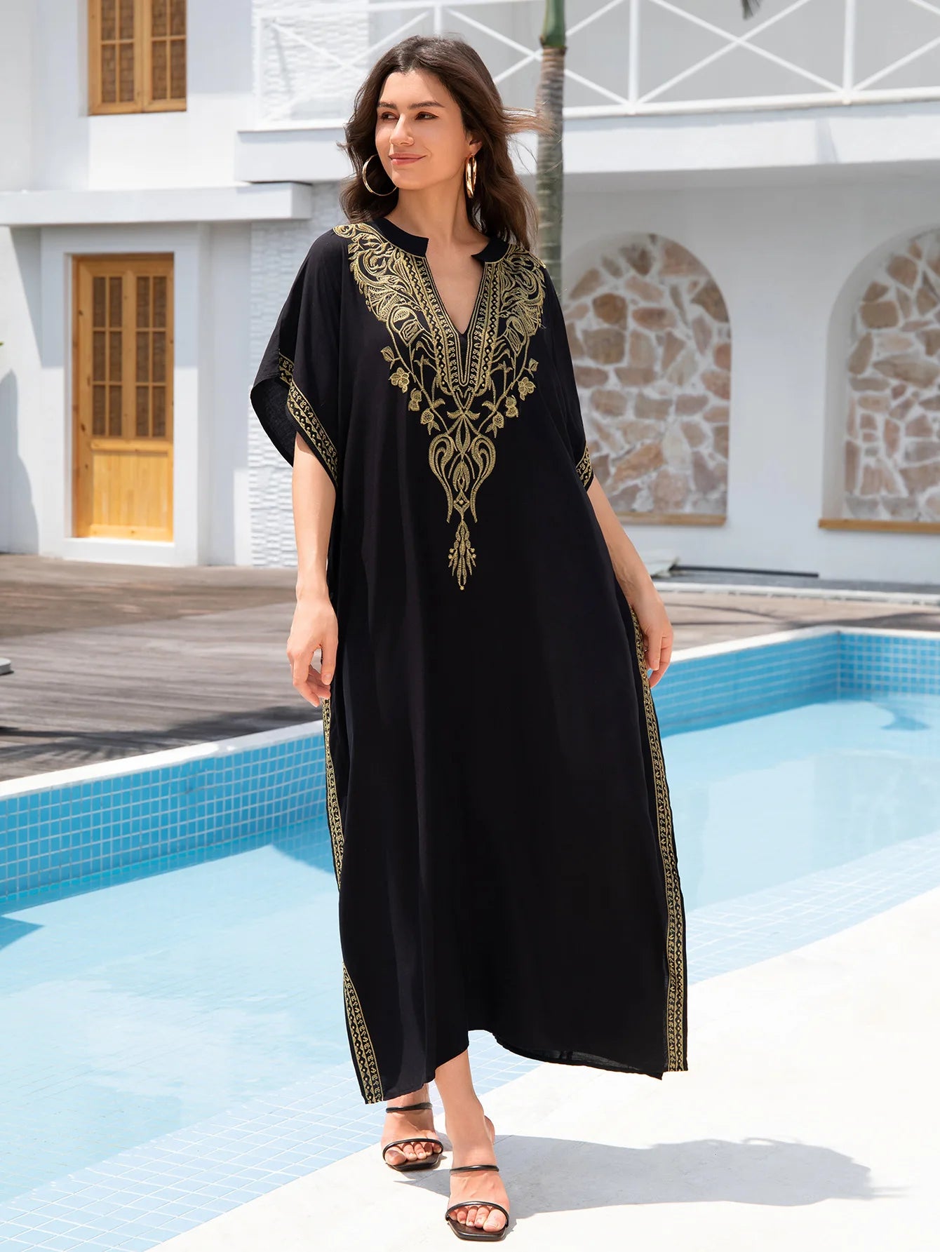 Boho Embroidered Batwing Sleeve Beach Cover-Up Dress – Loose A-Line V-Neck Summer Dress