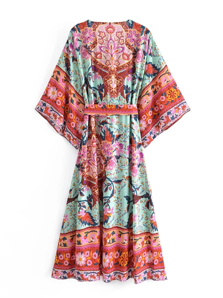 Boho Floral Print Maxi Dress with Batwing Sleeves
