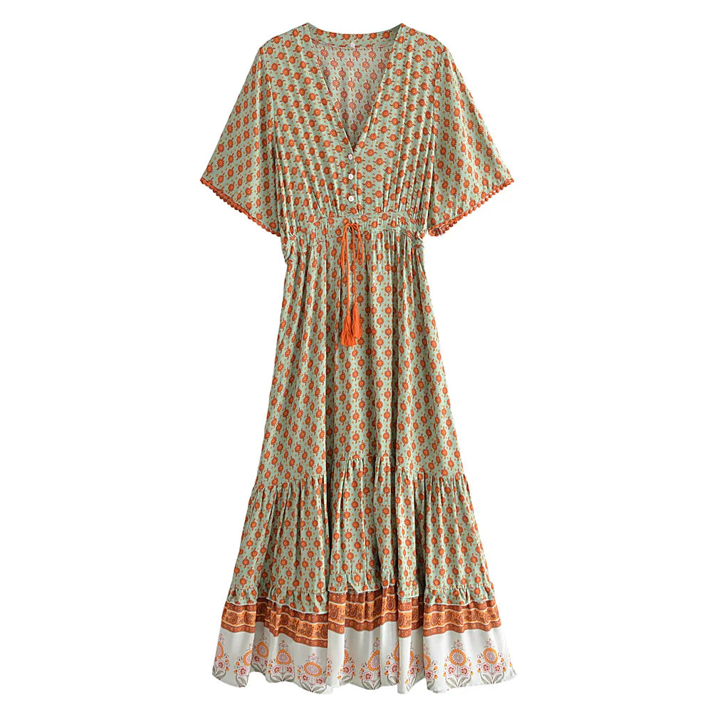 Boho Tassel Maxi Dress | Floral Print V-Neck Batwing Sleeve