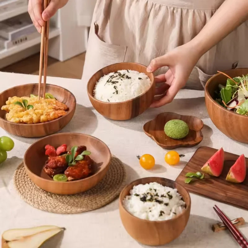 Solid Acacia Wood Bowl | Hand-Crafted Japanese-Style Wooden Salad & Serving Bowl