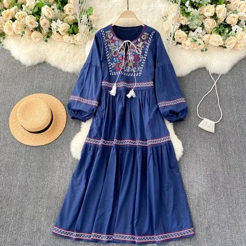 Embroidered Lantern Sleeve Boho Midi Dress | Lace-Up A-Line