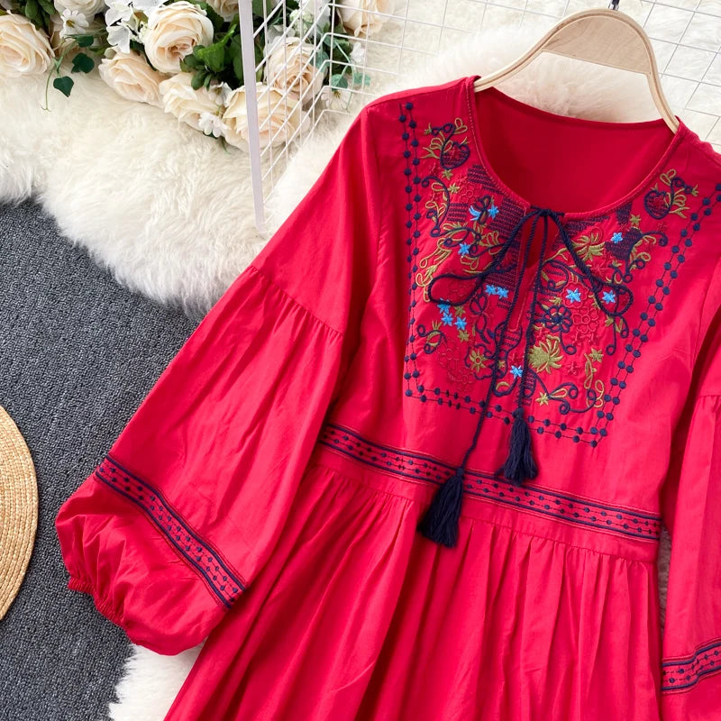 Embroidered Lantern Sleeve Boho Midi Dress | Lace-Up A-Line