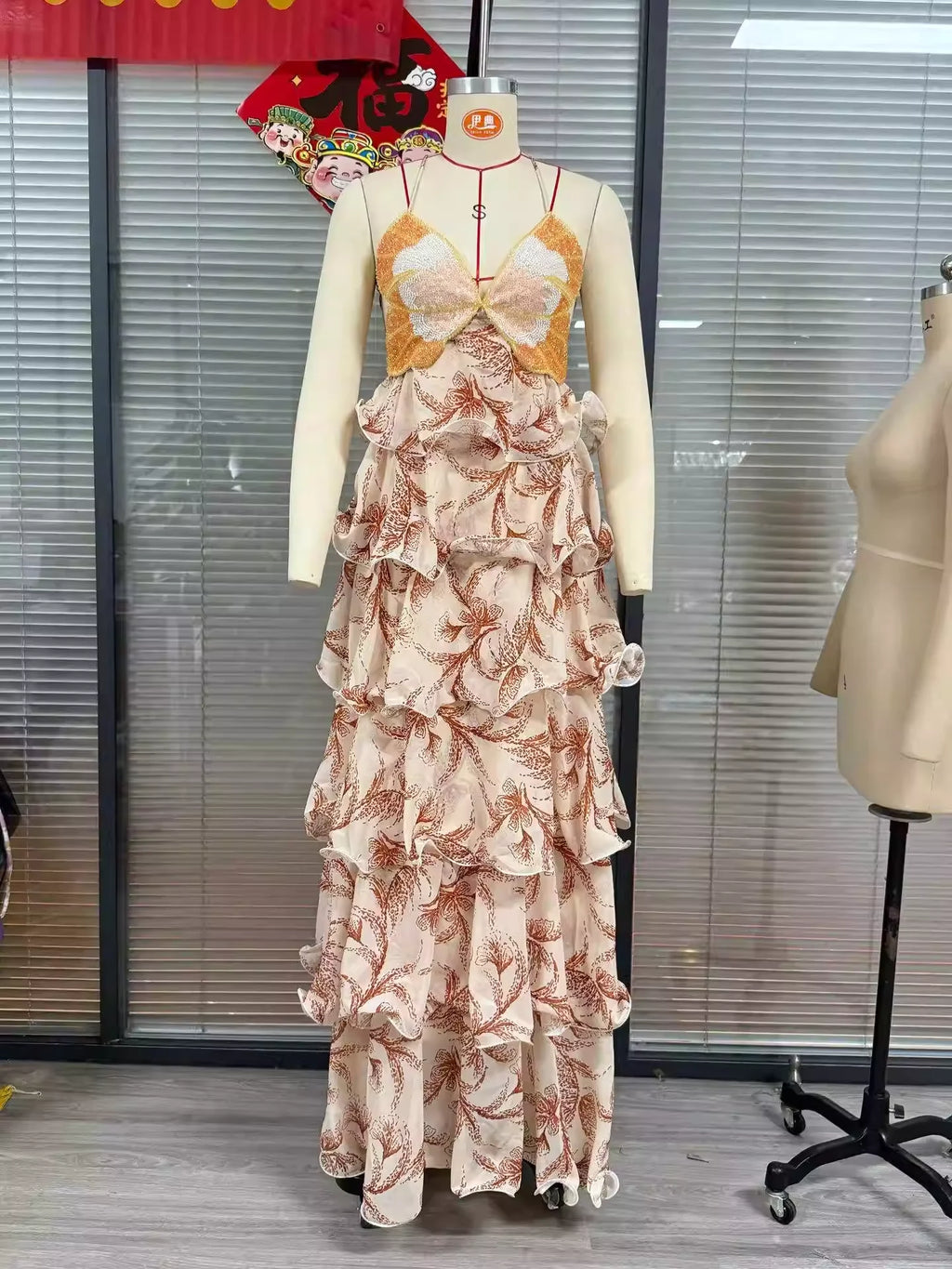 Floral Ruffle Maxi Dress | Strapless Layered Butterfly Boho