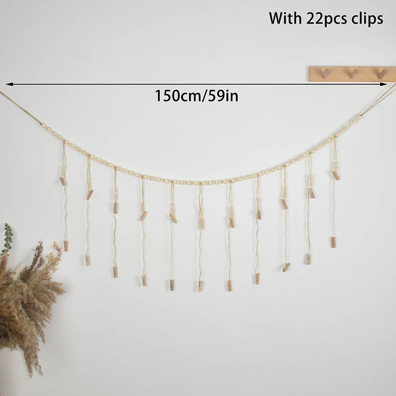 Boho Macrame Photo Display Wall Hanging – Wooden Bead Tapestry
