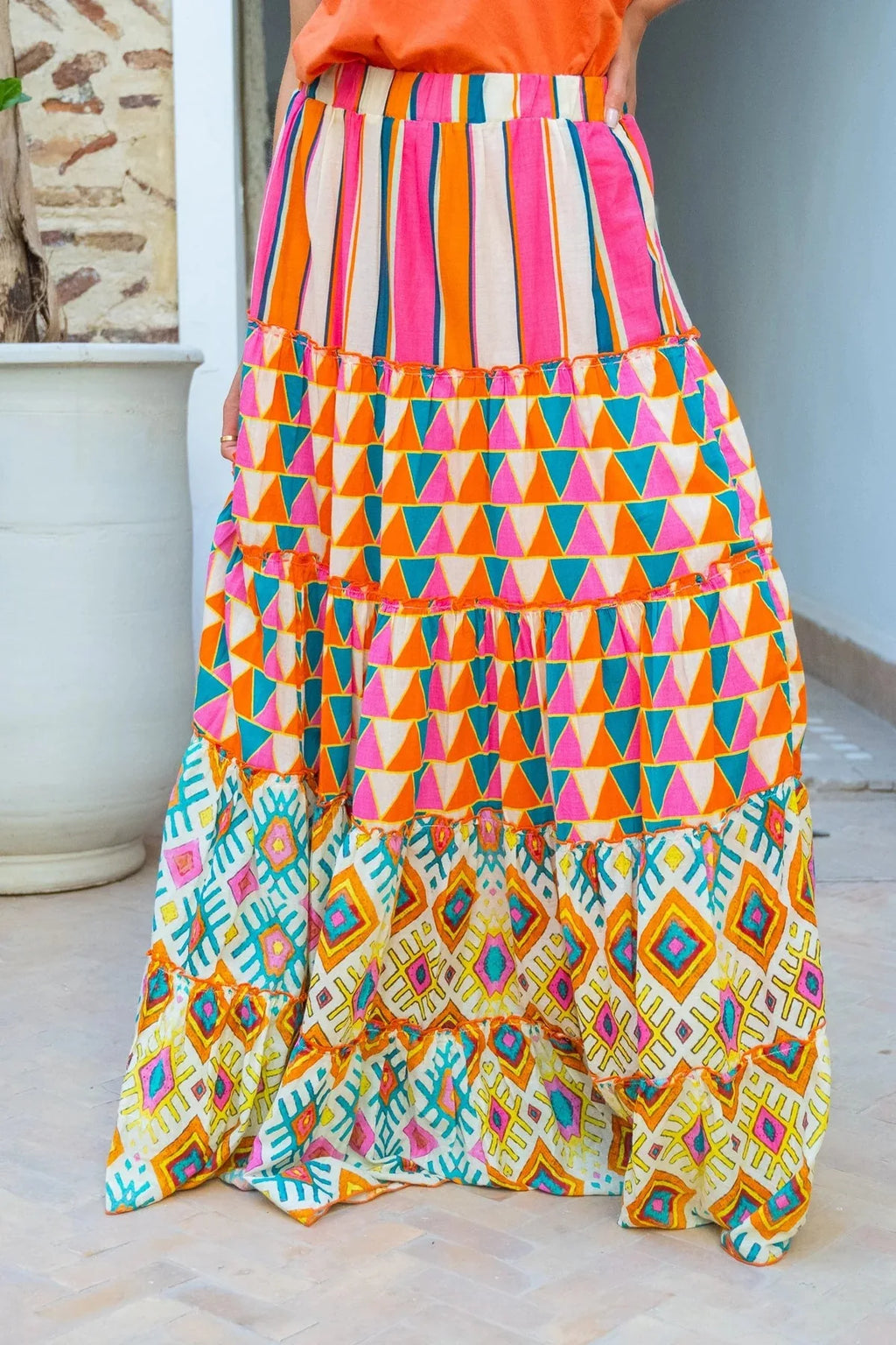Casual Boho Print Skirt Elegant Elastic Waist A-line Ruffle Big Hem Skirt Beach Vacation Women's Clothing Loose Long Skirt