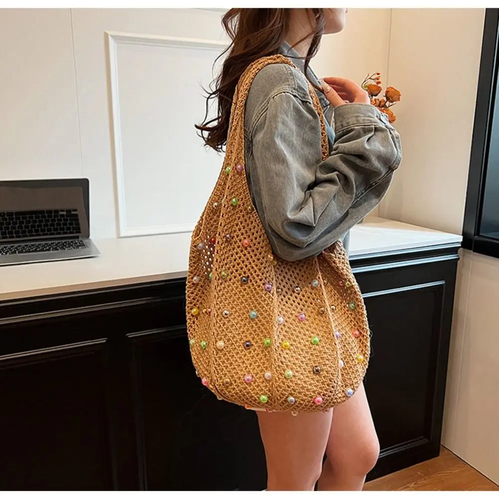 Boho Crochet Beach Tote Bag | Large Hollow Knit Bag with Colored Bead Detail