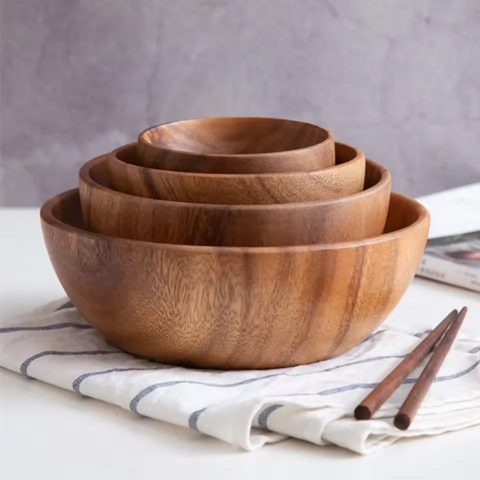 Solid Acacia Wood Bowl | Hand-Crafted Japanese-Style Wooden Salad & Serving Bowl