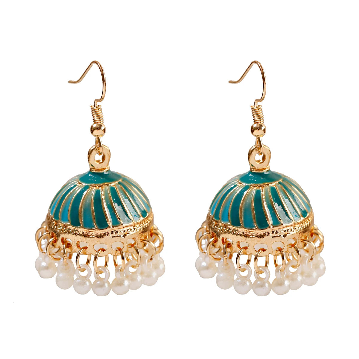 Boho Ethnic Flower Enamel & Bell Tassel Drop Earrings – Vintage Gold Crystal Bead