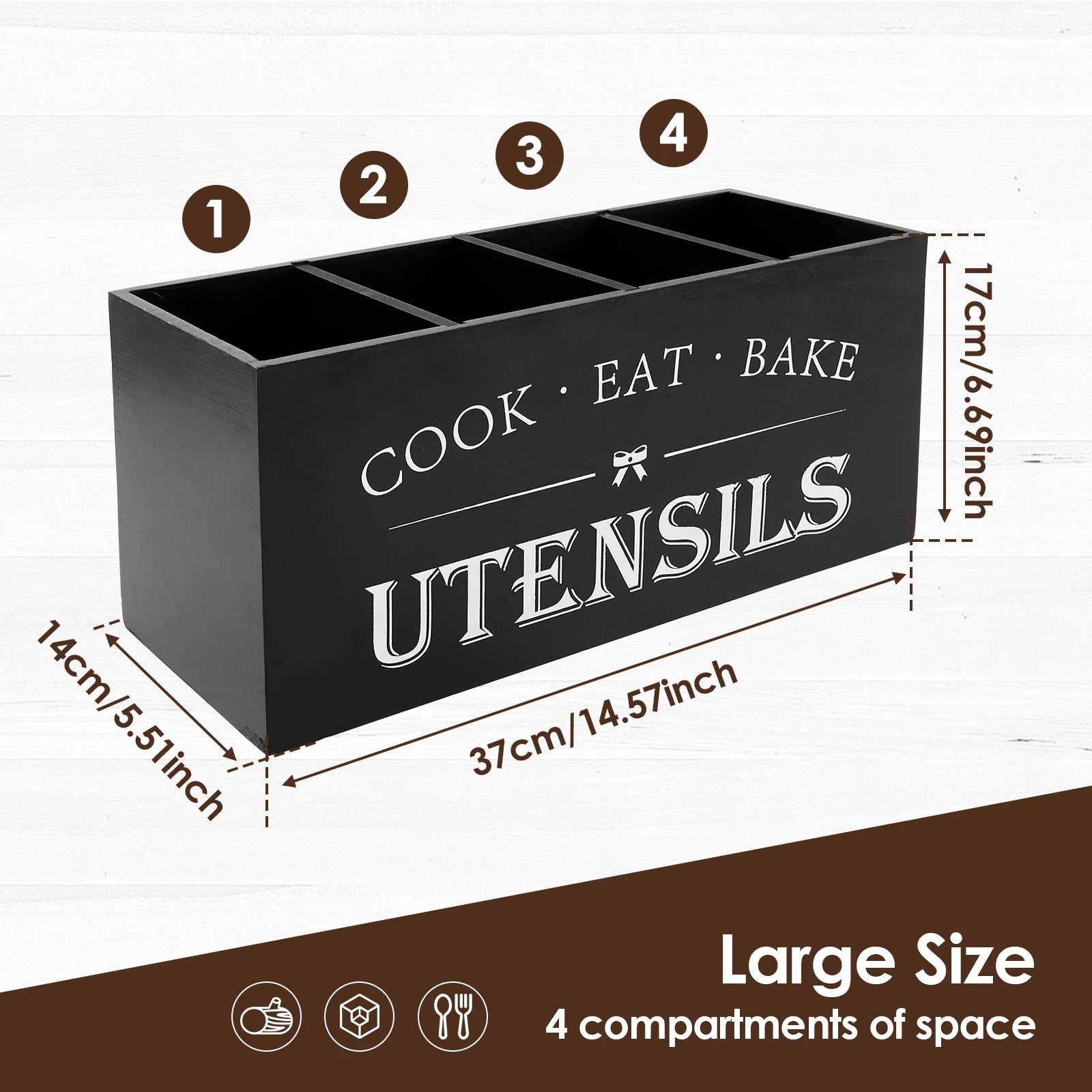 Wood Kitchen Utensil Holder | 3-Compartment Farmhouse Caddy Organizer