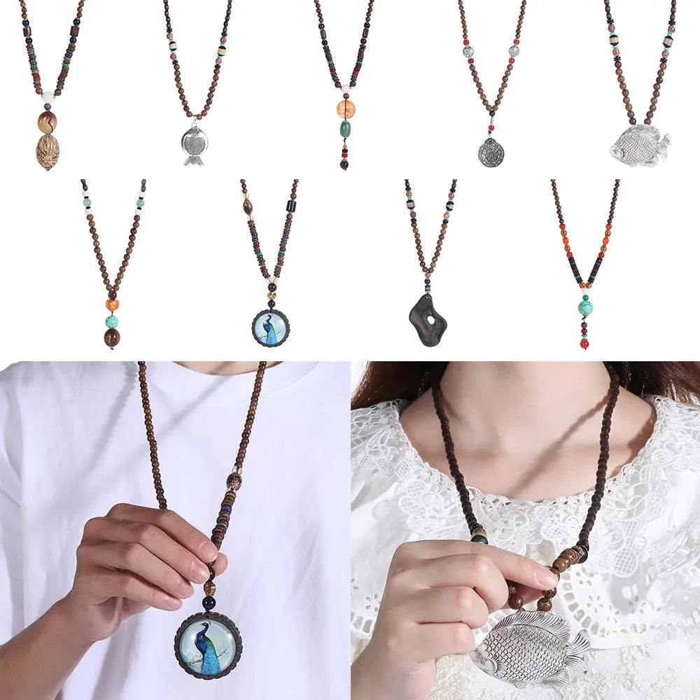 Boho Handmade Nepal Buddhist Mala Wood Bead Long Pendant Necklace – Unisex Ethnic Jewelry