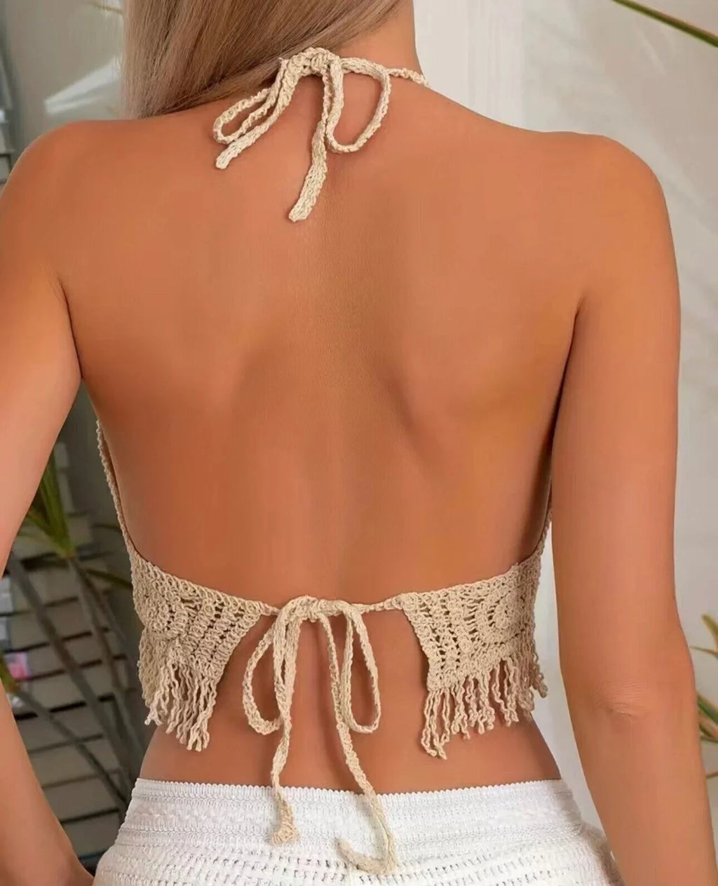 Boho Crochet Halter Bralette Top | Knit Crop Top with Tassel Fringe