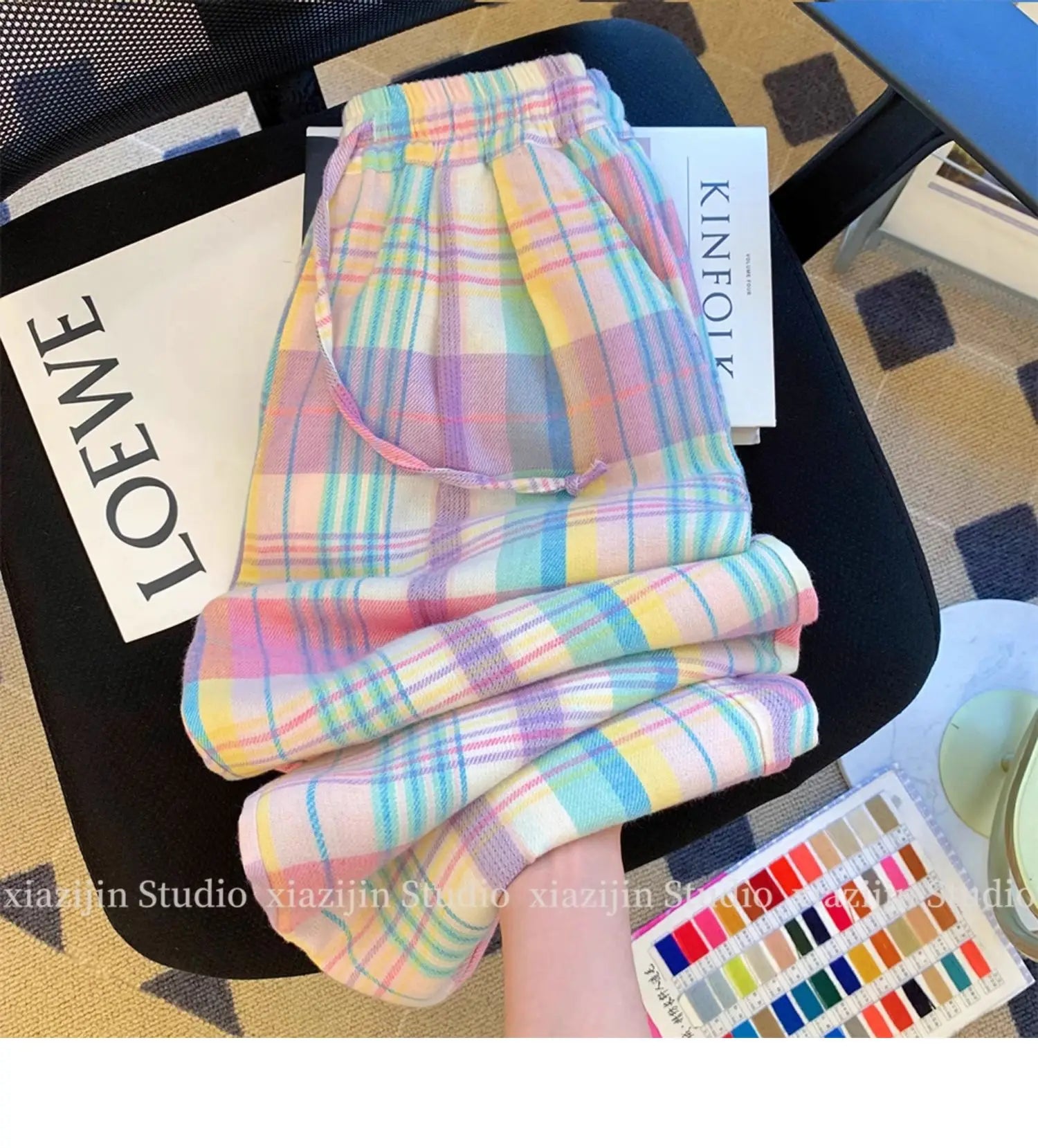 Color plaid wide-leg pants women's summer high waist retro Joker design loose pocket straight casual pants.