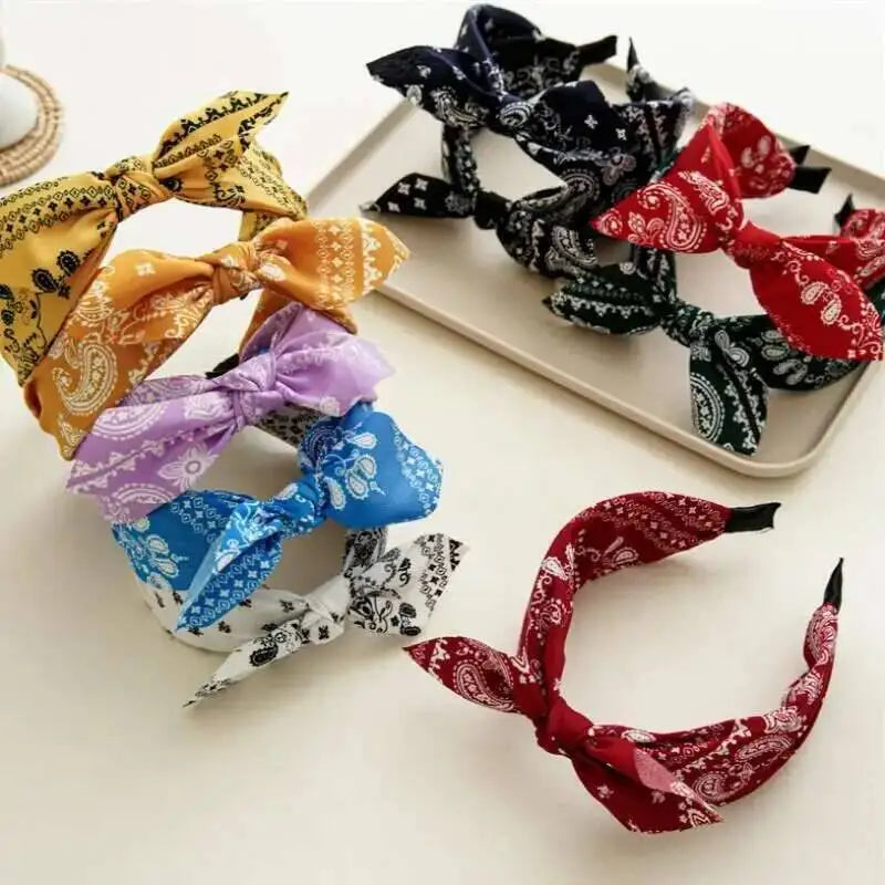 Boho Bow Print Wide Headband – Vintage Silk Cross-Knot Hair Hoop