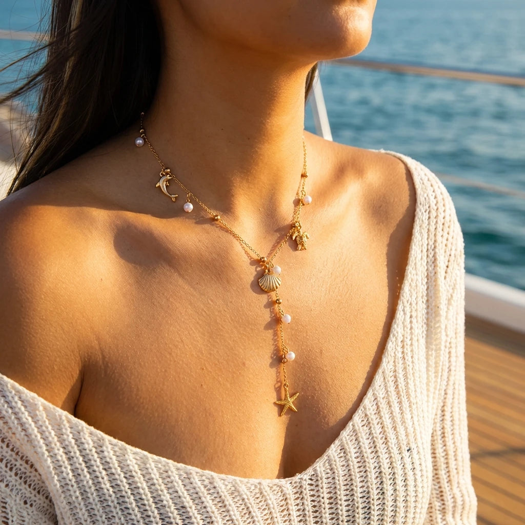 Boho Beach Y-Drop Chain Necklace – Sea Turtle, Dolphin, Starfish & Shell Pendants