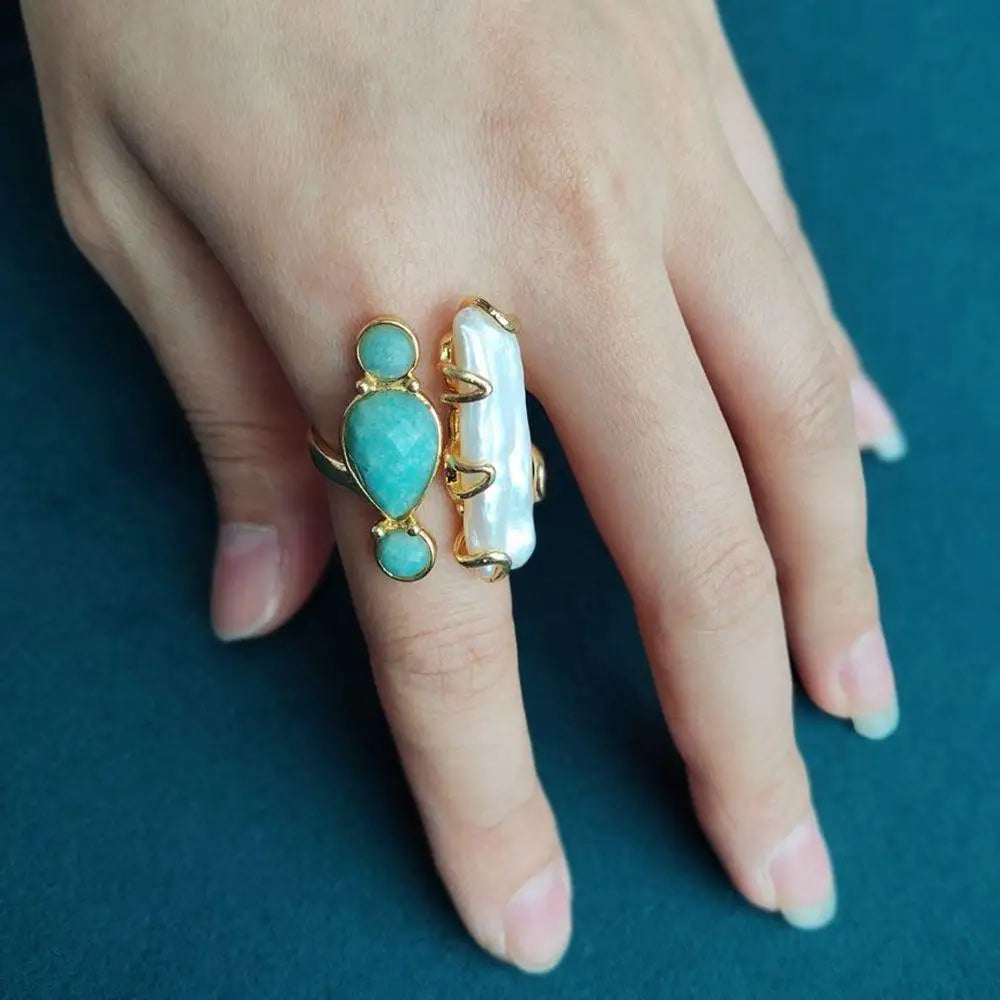10x28mm Freshwater White Biwa Pearl Green Amazonite Rings Adjustable Girlfriend Gifts