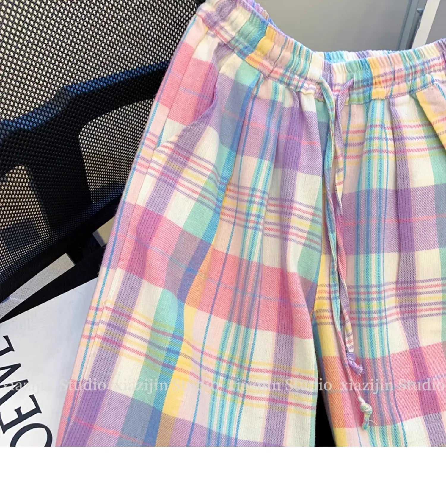 Color plaid wide-leg pants women's summer high waist retro Joker design loose pocket straight casual pants.